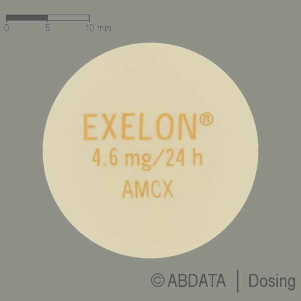 Produktabbildungen für EXELON 4,6 mg/24 Stunden transdermale Pflaster in der Vorder-, Hinter- und Seitenansicht.