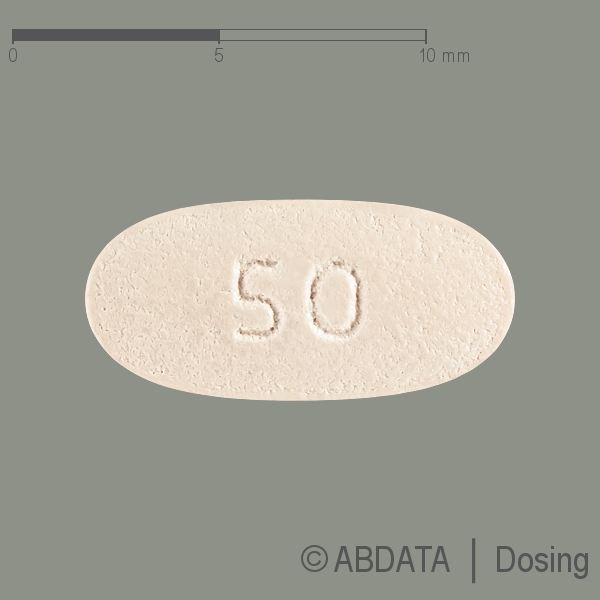 Produktabbildungen für LACOSAMID STADA 50 mg Filmtabletten in der Vorder-, Hinter- und Seitenansicht.