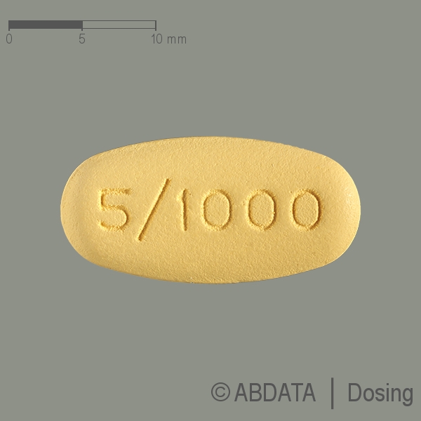 Produktabbildungen für XIGDUO 5 mg/1000 mg Filmtabletten in der Vorder-, Hinter- und Seitenansicht.