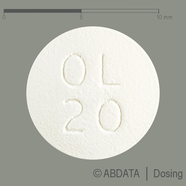 Produktabbildungen für OLMESARTAN-ratiopharm 20 mg Filmtabletten in der Vorder-, Hinter- und Seitenansicht.
