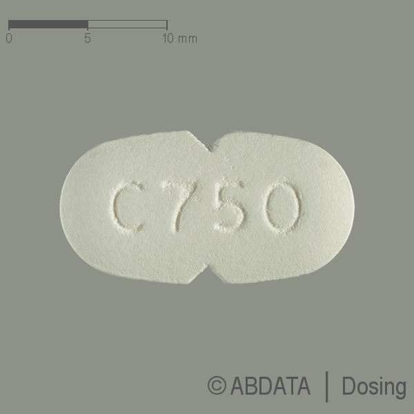 Produktabbildungen für CIPROFLOXACIN STADA 750 mg Filmtabletten in der Vorder-, Hinter- und Seitenansicht.