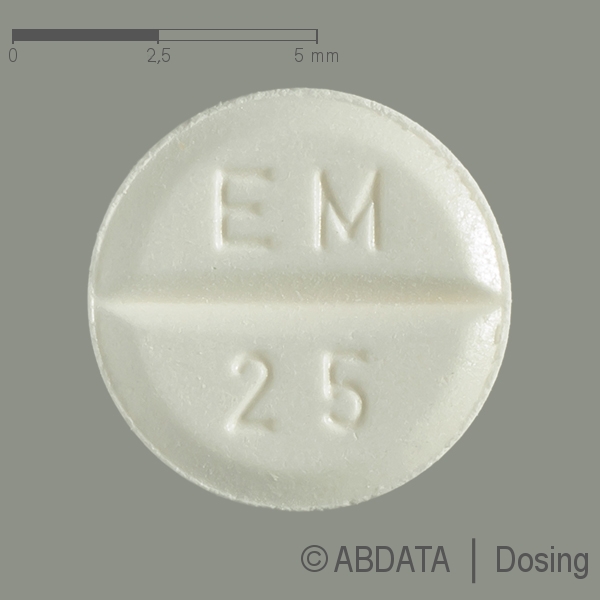 Produktabbildungen für EUTHYROX 25 Mikrogramm Tabletten in der Vorder-, Hinter- und Seitenansicht.