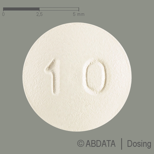 Produktabbildungen für ESCITALOPRAM AbZ 10 mg Filmtabletten in der Vorder-, Hinter- und Seitenansicht.