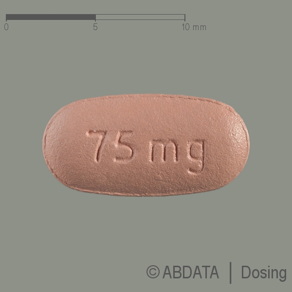 Produktabbildungen für RISEDRONAT Theramex 75 mg Filmtabletten in der Vorder-, Hinter- und Seitenansicht.