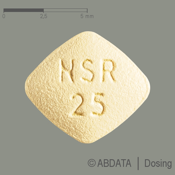 Produktabbildungen für INSPRA 25 mg Filmtabletten in der Vorder-, Hinter- und Seitenansicht.