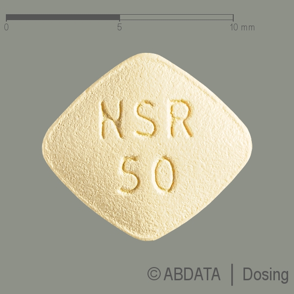 Produktabbildungen für INSPRA 50 mg Filmtabletten in der Vorder-, Hinter- und Seitenansicht.
