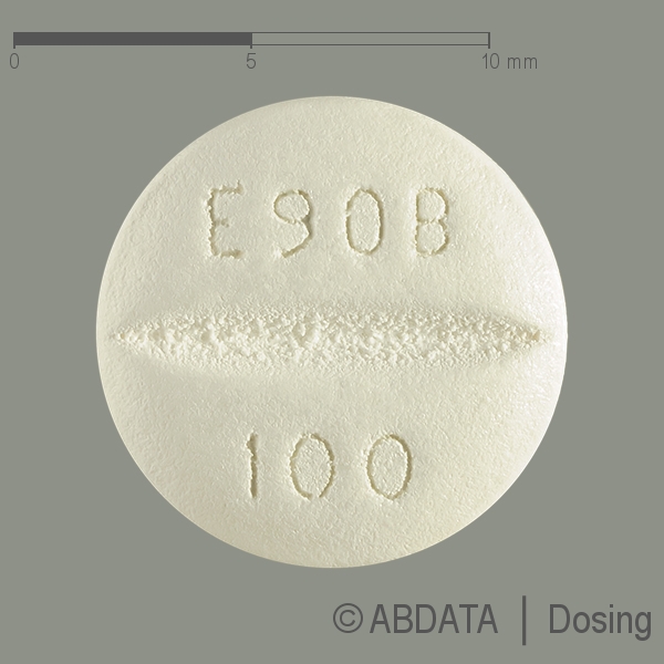 Produktabbildungen für ERLOTINIB beta 100 mg Filmtabletten in der Vorder-, Hinter- und Seitenansicht.