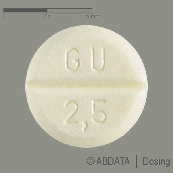 Produktabbildungen für GUTRON Tabletten 2,5 mg in der Vorder-, Hinter- und Seitenansicht.