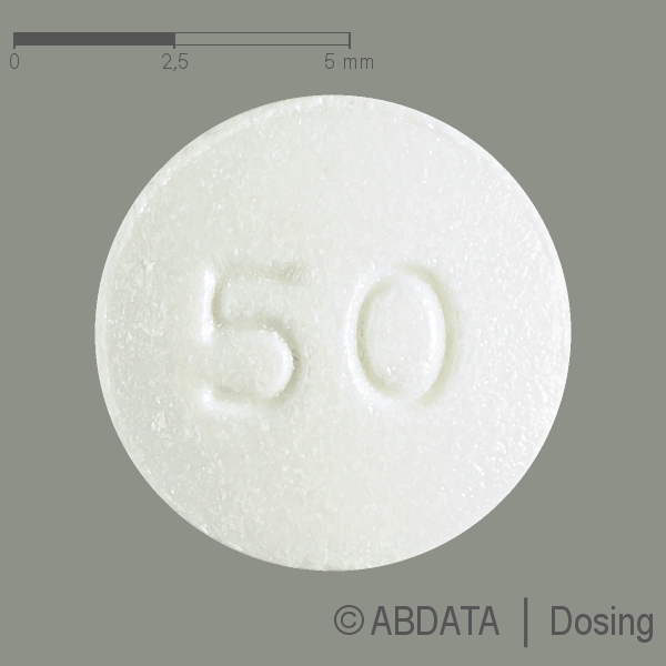 Produktabbildungen für QUETIAPIN beta 50 mg Retardtabletten in der Vorder-, Hinter- und Seitenansicht.
