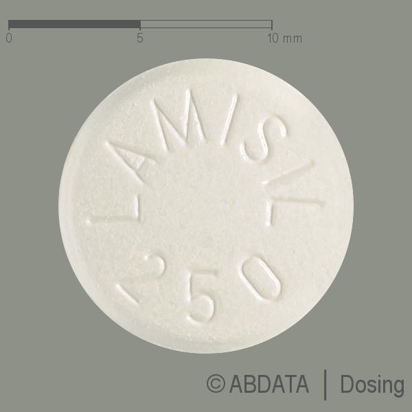 Produktabbildungen für LAMISIL 250 mg Tabletten in der Vorder-, Hinter- und Seitenansicht.