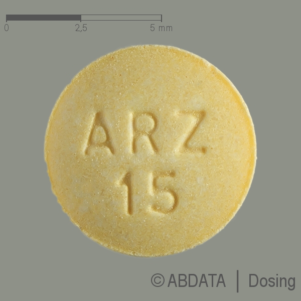 Produktabbildungen für ARIPIPRAZOL beta 15 mg Tabletten in der Vorder-, Hinter- und Seitenansicht.
