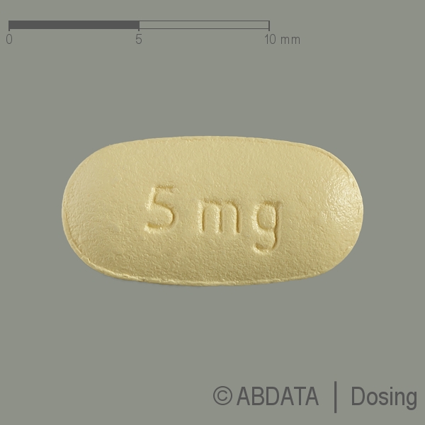 Produktabbildungen für RISEDRONAT Theramex 5 mg Filmtabletten in der Vorder-, Hinter- und Seitenansicht.