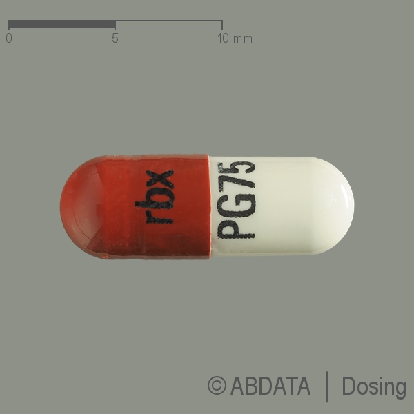 Produktabbildungen für PREGABALIN BASICS 75 mg Hartkapseln in der Vorder-, Hinter- und Seitenansicht.