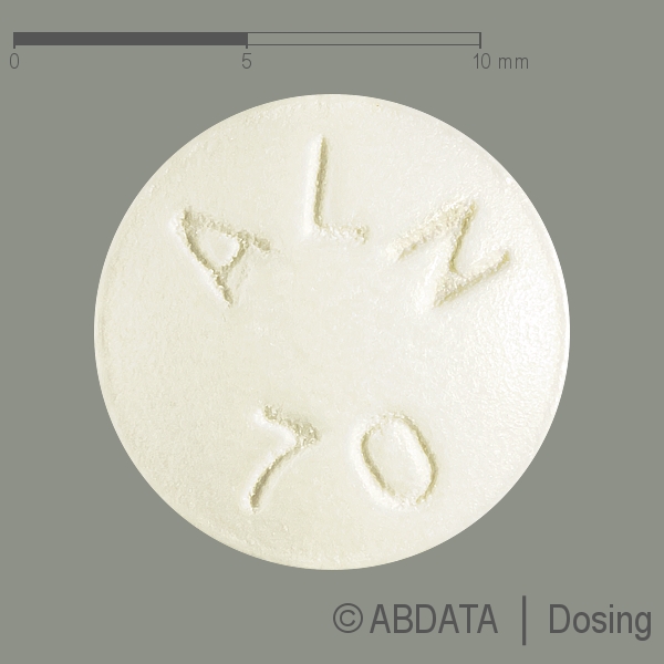 Produktabbildungen für ALENDRONSÄURE-1A Pharma 70 mg Filmtabletten in der Vorder-, Hinter- und Seitenansicht.