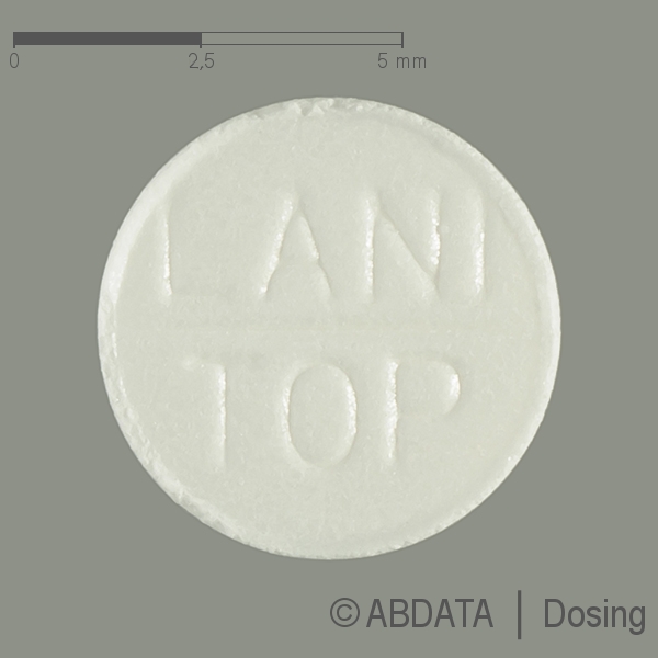 Produktabbildungen für LANITOP 0,1 mg Tabletten in der Vorder-, Hinter- und Seitenansicht.