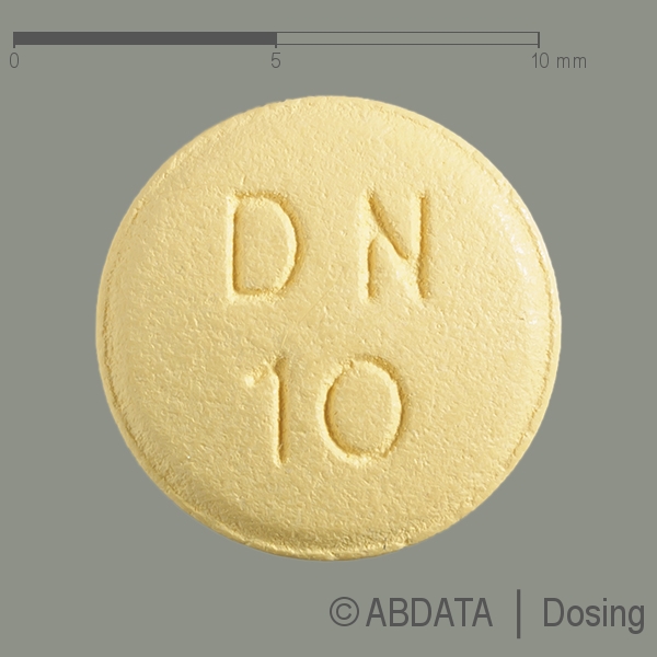 Produktabbildungen für DONEPEZIL-HCL-ratiopharm 10 mg Filmtabletten in der Vorder-, Hinter- und Seitenansicht.
