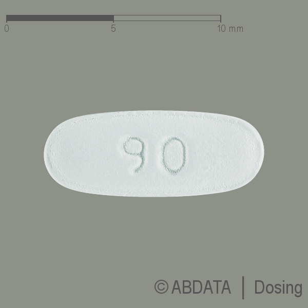 Produktabbildungen für DEFERASIROX-ratiopharm 90 mg Filmtabletten in der Vorder-, Hinter- und Seitenansicht.