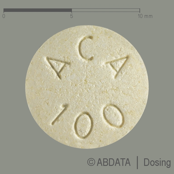 Produktabbildungen für ACARBOSE GeneVida 100 mg Tabletten in der Vorder-, Hinter- und Seitenansicht.