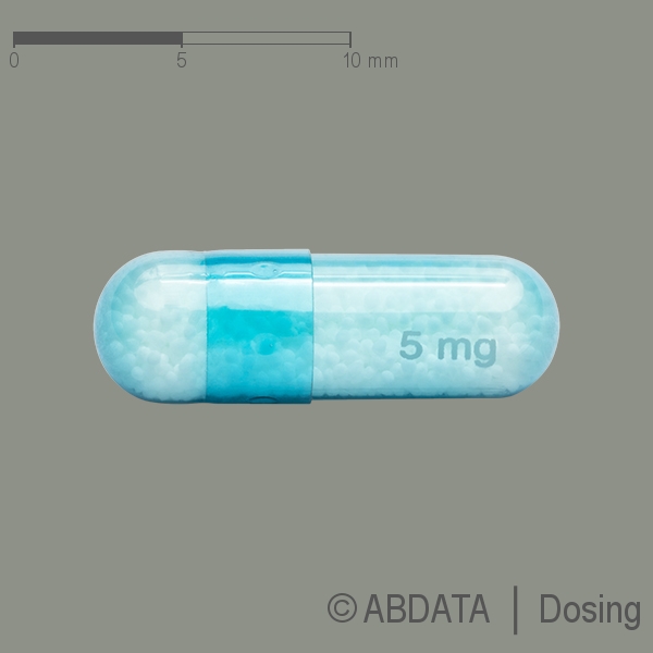 Produktabbildungen für CAPROS akut 5 mg Kapseln in der Vorder-, Hinter- und Seitenansicht.