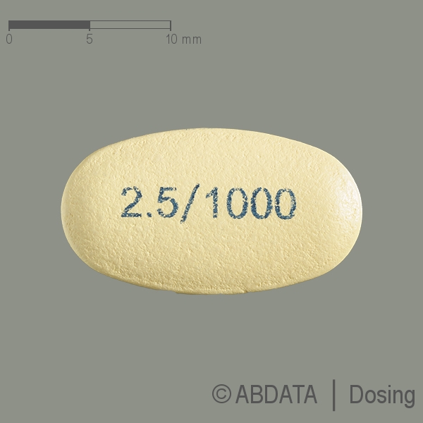 Produktabbildungen für KOMBOGLYZE 2,5 mg/1000 mg Filmtabletten in der Vorder-, Hinter- und Seitenansicht.