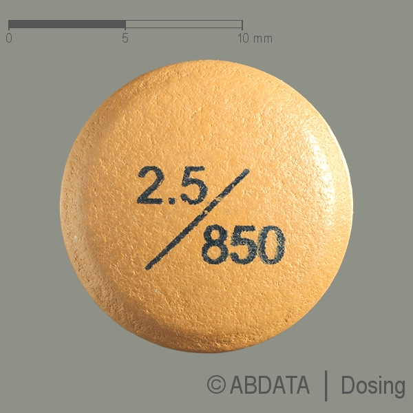 Produktabbildungen für KOMBOGLYZE 2,5 mg/850 mg Filmtabletten in der Vorder-, Hinter- und Seitenansicht.