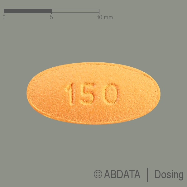 Produktabbildungen für LACOSAMID AbZ 150 mg Filmtabletten in der Vorder-, Hinter- und Seitenansicht.
