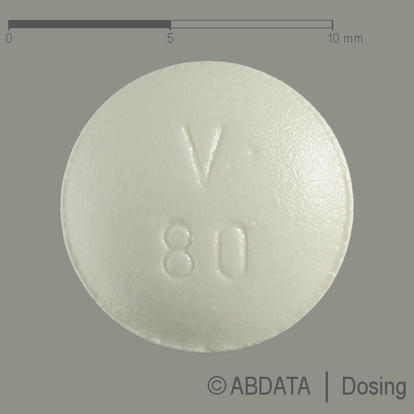 Produktabbildungen für VERAPAMIL AbZ 80 mg Filmtabletten in der Vorder-, Hinter- und Seitenansicht.