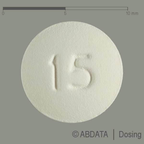 Produktabbildungen für ESCITALOPRAM AbZ 15 mg Filmtabletten in der Vorder-, Hinter- und Seitenansicht.