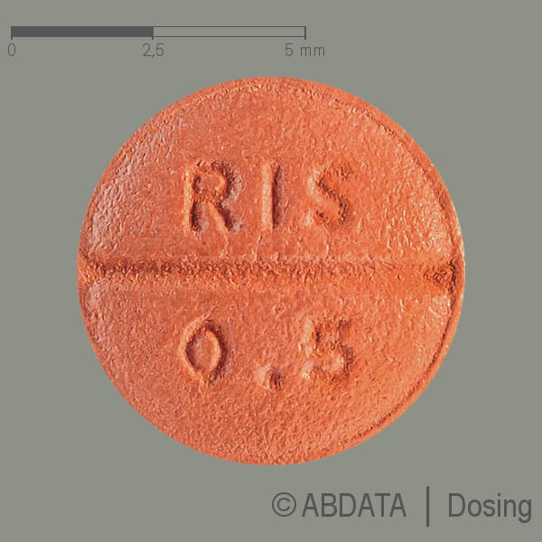 Produktabbildungen für RISPERIDON AbZ 0,5 mg Filmtabletten in der Vorder-, Hinter- und Seitenansicht.