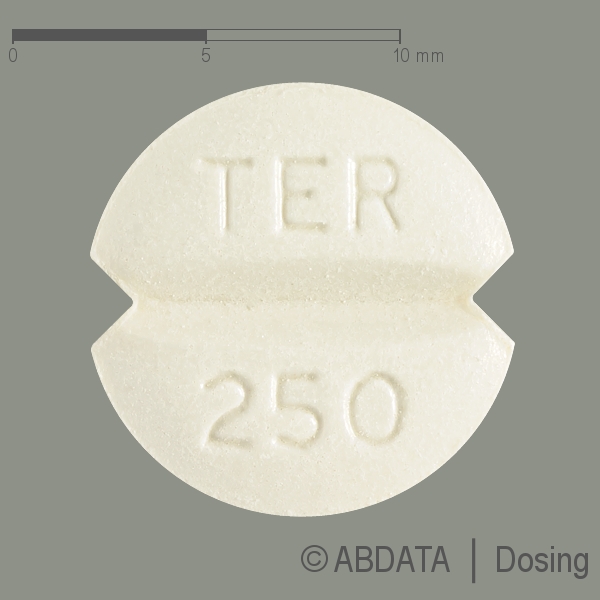 Produktabbildungen für TERBINAFIN-1A Pharma 250 mg Tabletten in der Vorder-, Hinter- und Seitenansicht.