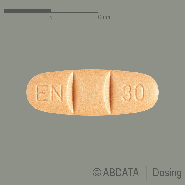 Produktabbildungen für ENALAPRIL-1A Pharma 30 mg Tabletten in der Vorder-, Hinter- und Seitenansicht.