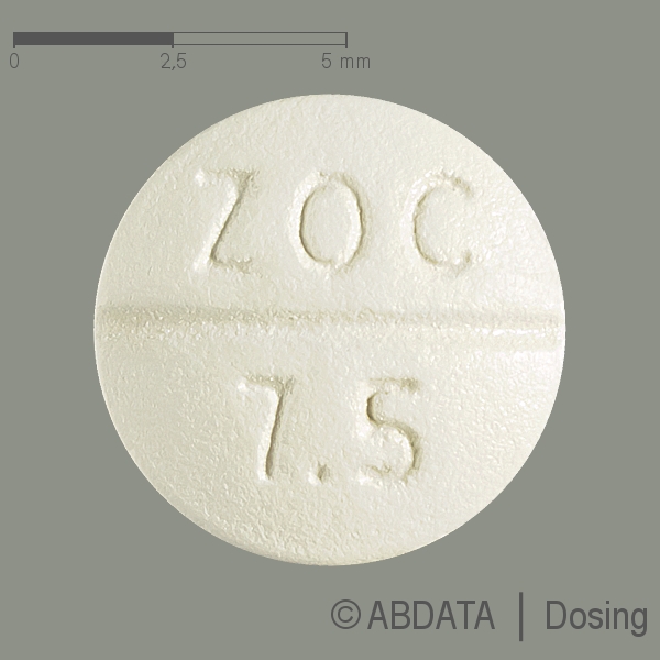 Produktabbildungen für ZOPICLON-1A Pharma 7,5 mg Filmtabletten in der Vorder-, Hinter- und Seitenansicht.