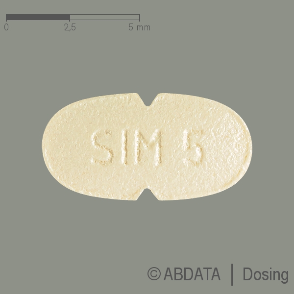 Produktabbildungen für SIMVASTATIN-1A Pharma 5 mg Filmtabletten in der Vorder-, Hinter- und Seitenansicht.