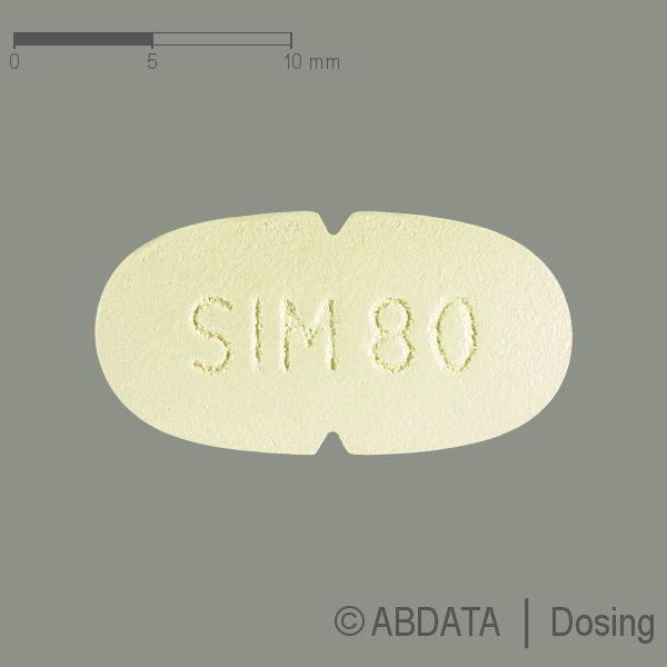 Produktabbildungen für SIMVASTATIN-1A Pharma 80 mg Filmtabletten in der Vorder-, Hinter- und Seitenansicht.