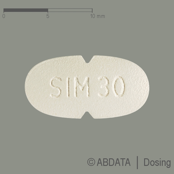 Produktabbildungen für SIMVASTATIN-1A Pharma 30 mg Filmtabletten in der Vorder-, Hinter- und Seitenansicht.