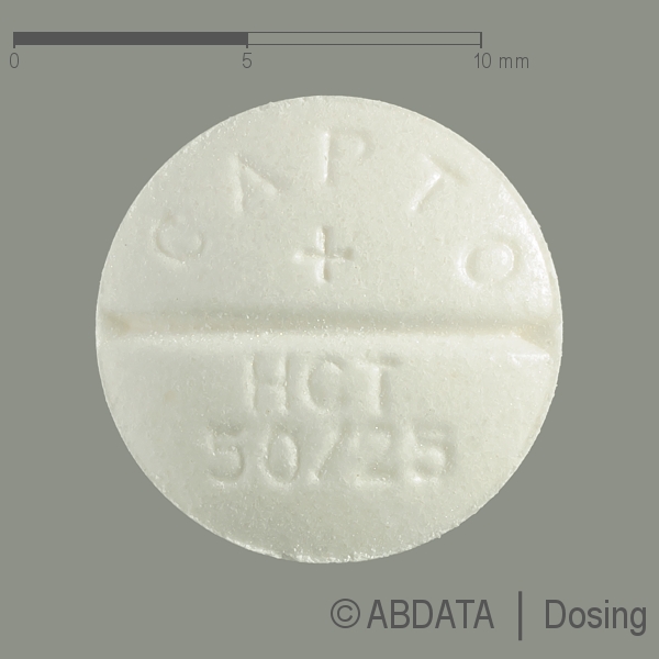 Produktabbildungen für CAPTOPRIL-HCT Denk 50 mg/25 mg Tabletten in der Vorder-, Hinter- und Seitenansicht.