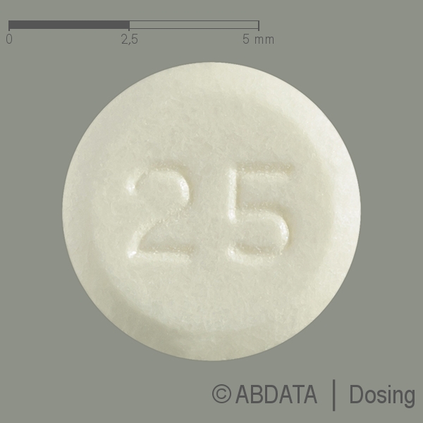 Produktabbildungen für CAPTOPRIL Denk 25 mg Tabletten in der Vorder-, Hinter- und Seitenansicht.